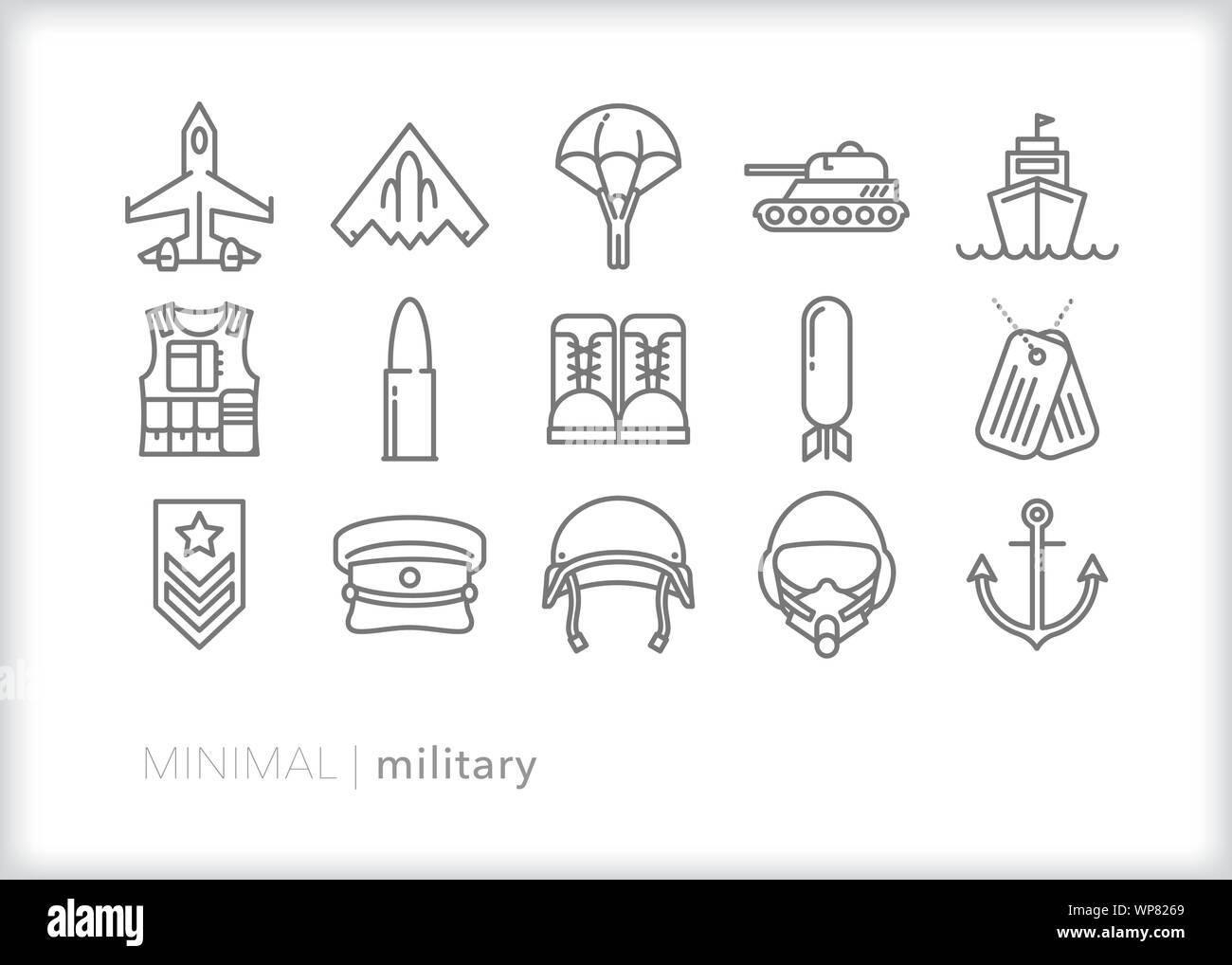 Satz von 15 amerikanischen militärischen Zeile für Symbole für den bewaffneten Dienstleistungen Stock Vektor