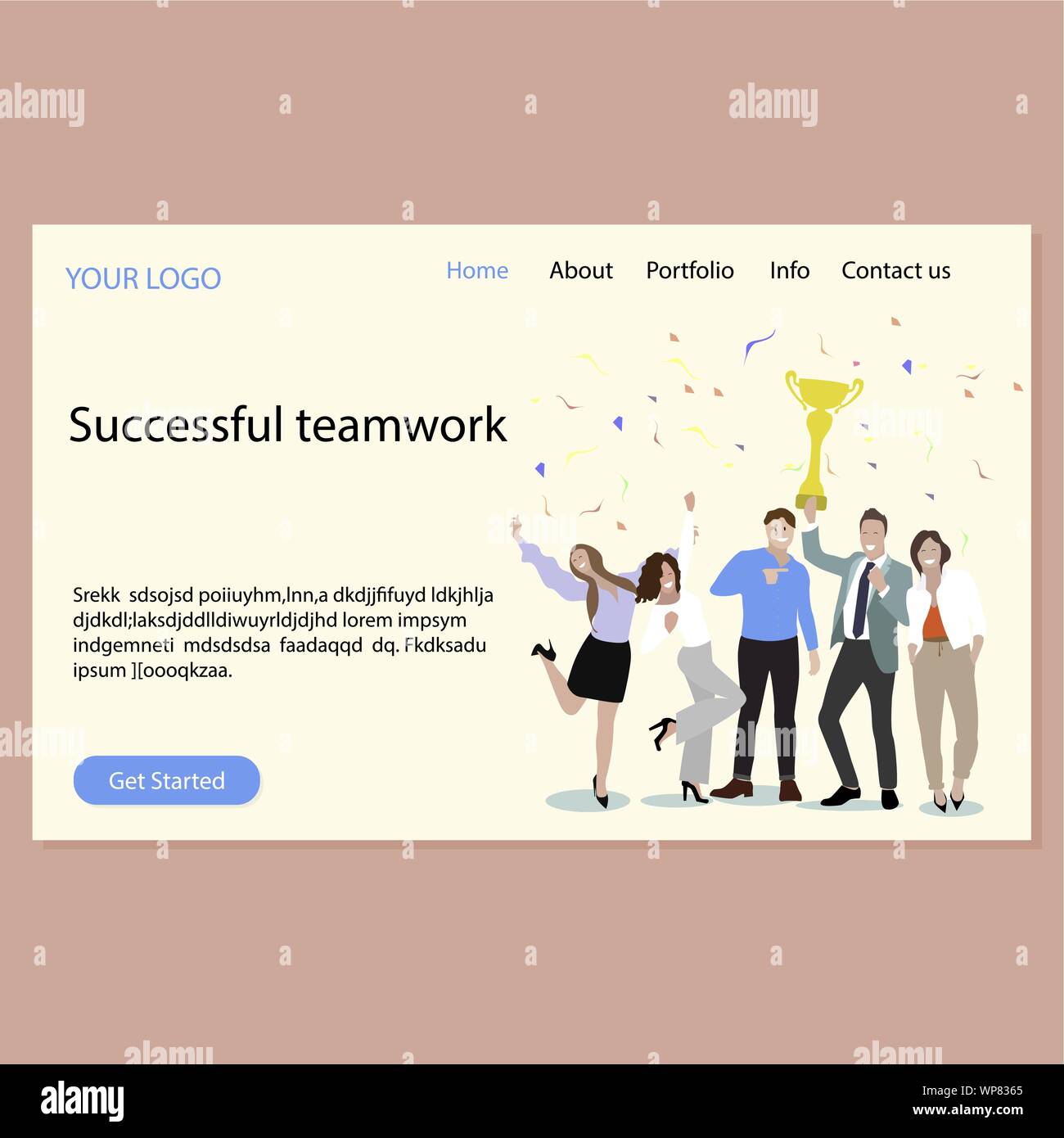 Erfolgreiche Teamarbeit landing page. Vektor Happy Team mit goldenen Becher, Webseite feiert Erfolg Unternehmen gewinnen. Abbildung: erfolgreiche Verwirklichung und Stock Vektor