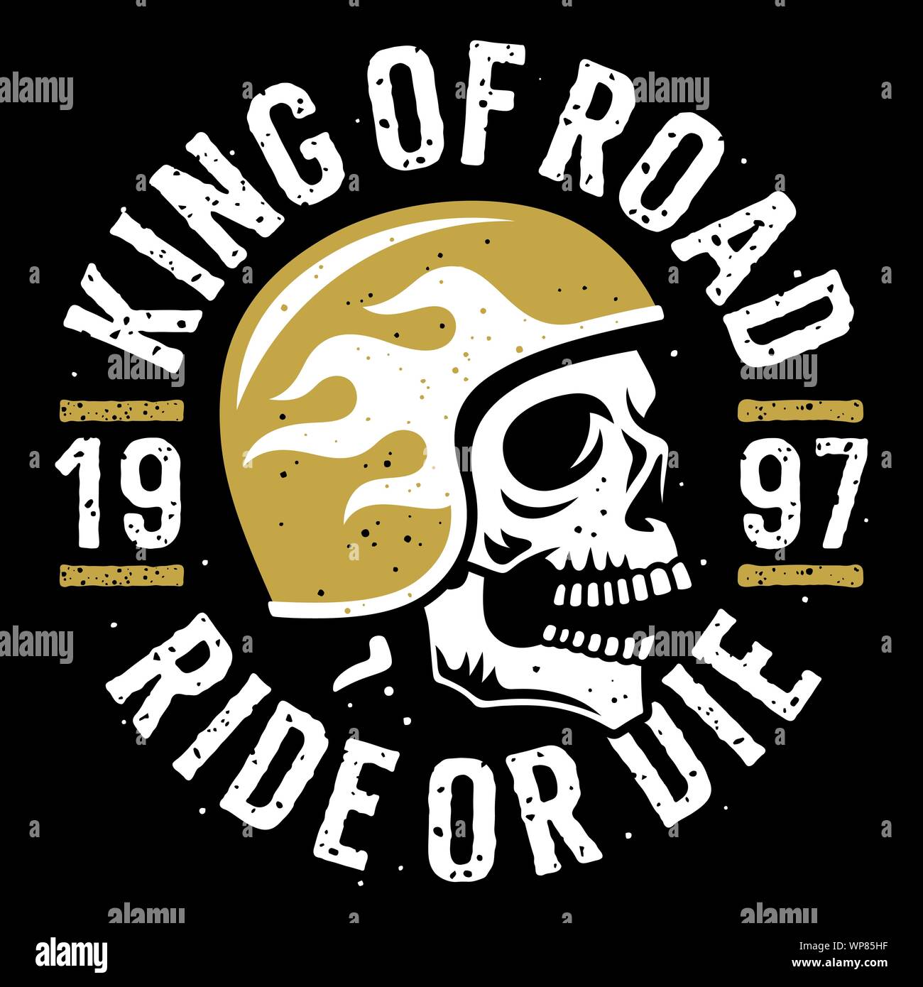 Schädel in Motorrad Helm und Slogan Typografie für t-shirt Design. T-Shirt drucken Grafiken zum Thema Motorrad Stock Vektor