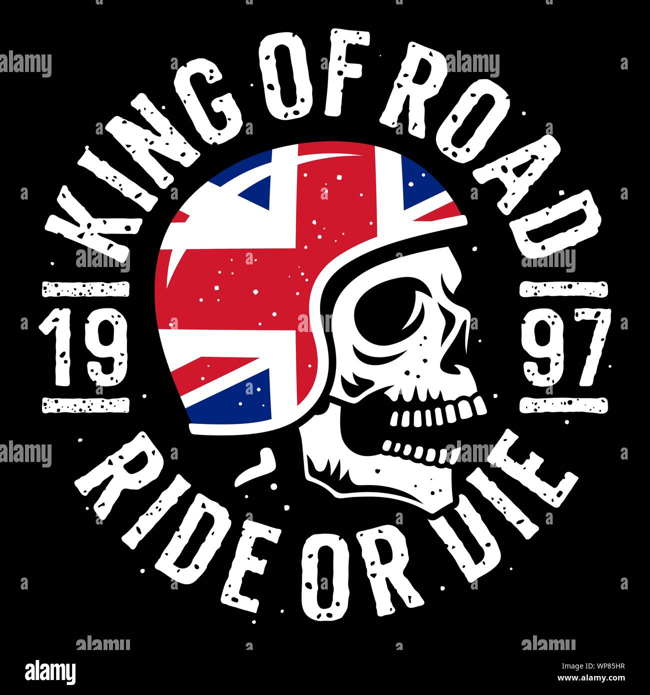 Schädel in Motorrad Helm, Flagge des Vereinigten Königreichs und der Slogan Typografie für t-shirt Design. T-Shirt drucken Grafiken zum Thema Motorrad Stock Vektor