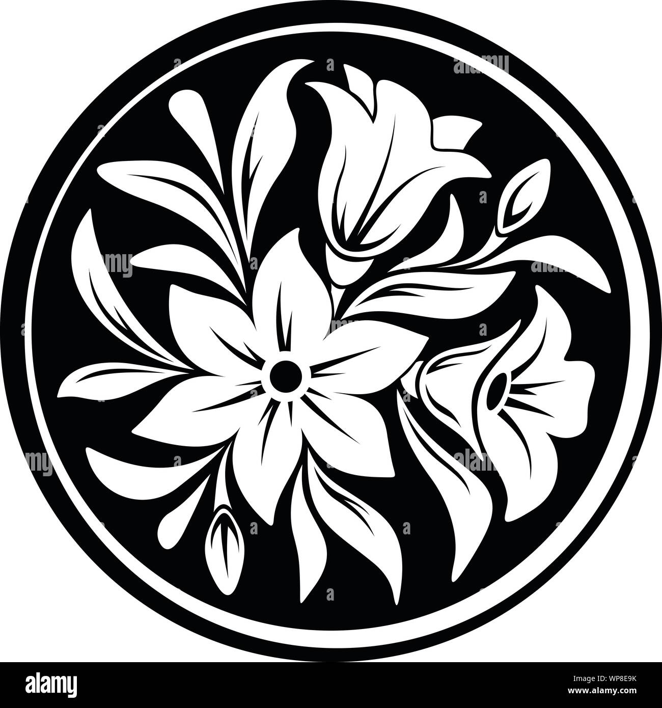 Vektor weiß Ornament mit Blumen und Blätter auf einen schwarzen Kreis Hintergrund. Stock Vektor