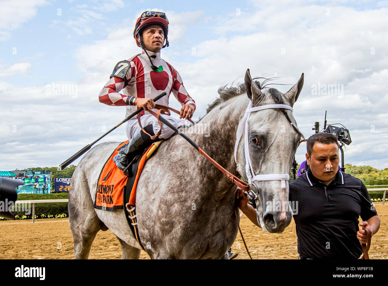 Elmont, NY, USA. 7. Sep 2019. September 07, 2019: Marconi mit Jose Lezcano, gewinnt die $ 300.000 Grand Prix American Jockey Club Einladungs Stangen, 1 1/2 Meile, an der Belmont Park, in Elmont, NEW YORK, Sept. 7, 2019. Sue Kawczynski ESW CSM, Kredit: Csm/Alamy leben Nachrichten Stockfoto