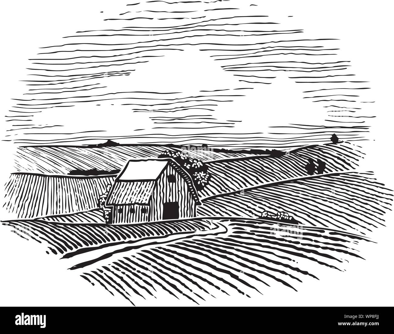 Holzschnitt Illustration einer Farm mit einer Straße zurück zu einer Scheune. Stock Vektor