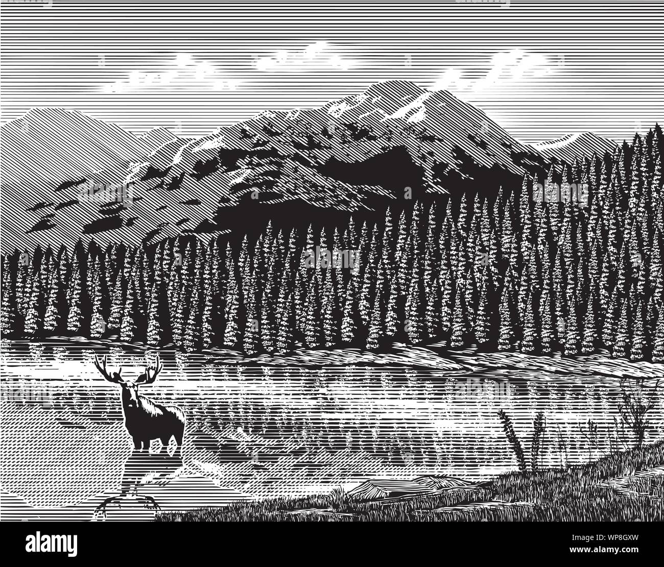 Holzschnitt Abbildung eines Berges Szene mit ein Elch im Vordergrund. Stock Vektor