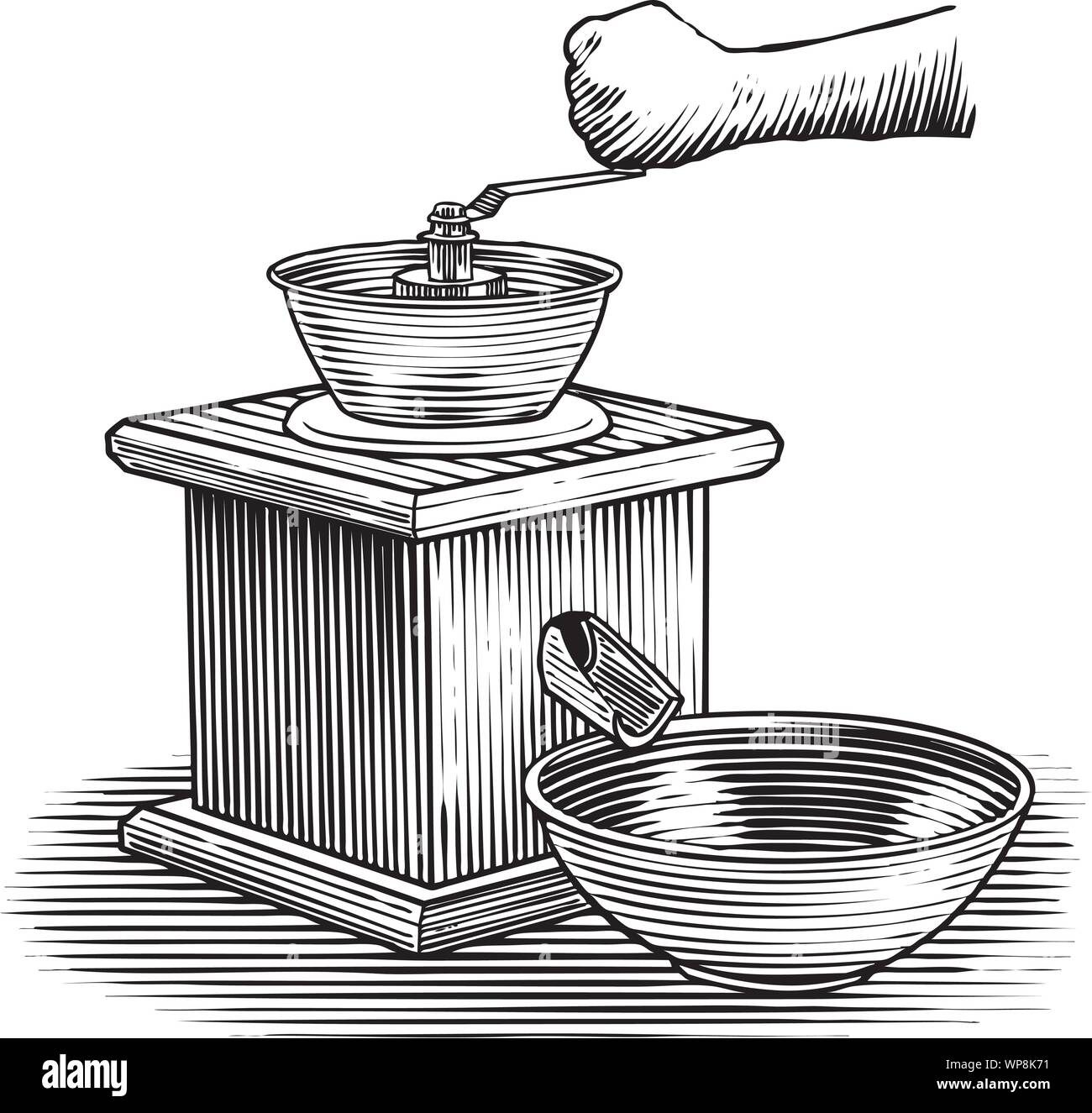 Holzschnitt Illustration einer Handschleifmaschine. Stock Vektor