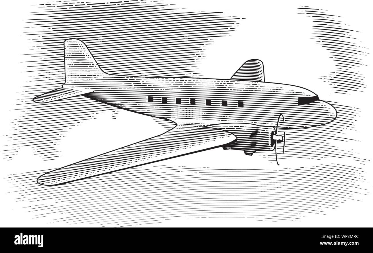 Holzschnitt stil Abbildung eines Vintage Flugzeug mit Wolken im Hintergrund. Stock Vektor