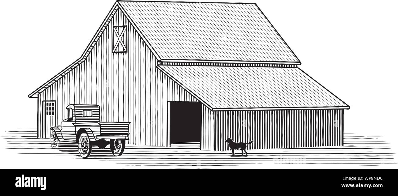 Holzschnitt Illustration einer Scheune mit einem Lkw und Hund im Vordergrund. Stock Vektor