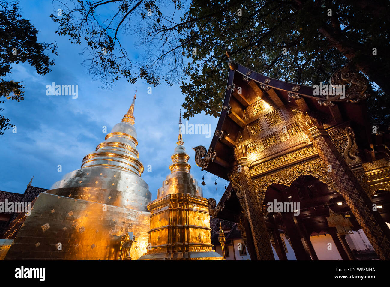 Goldene Pagode in Wat Phra Singh Tempel. Chiang Mai, Thailand. Stockfoto