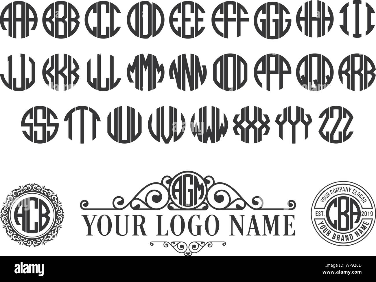 Kreis font Monogramm mit 3 Buchstaben. Kurve vintage Alphabet mit