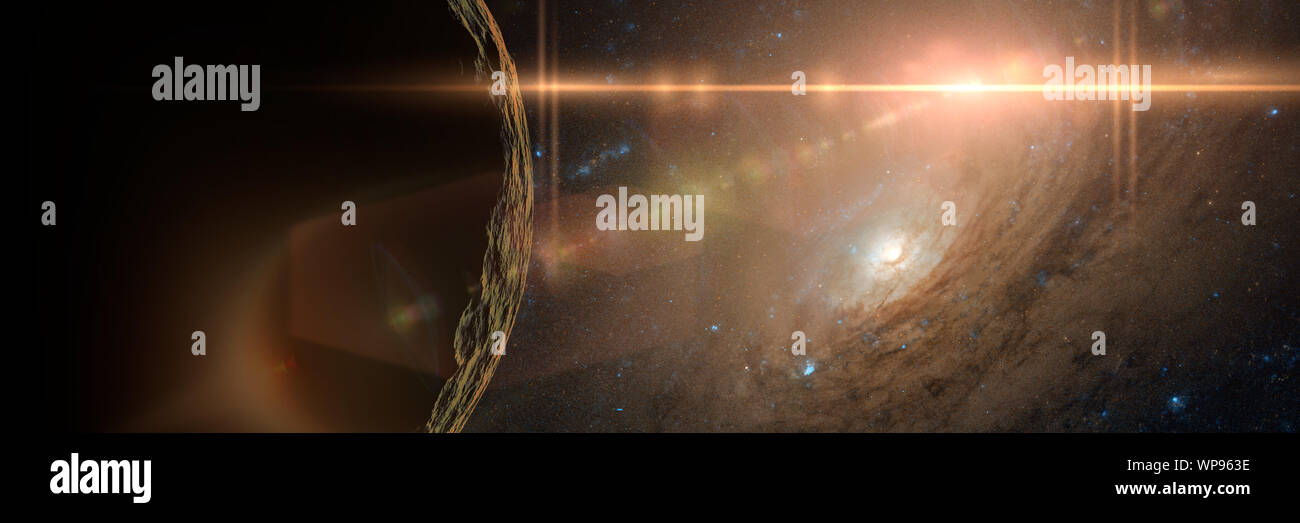 Fremden Planeten vor einer Galaxie leuchtet durch einen hellen Stern Stockfoto