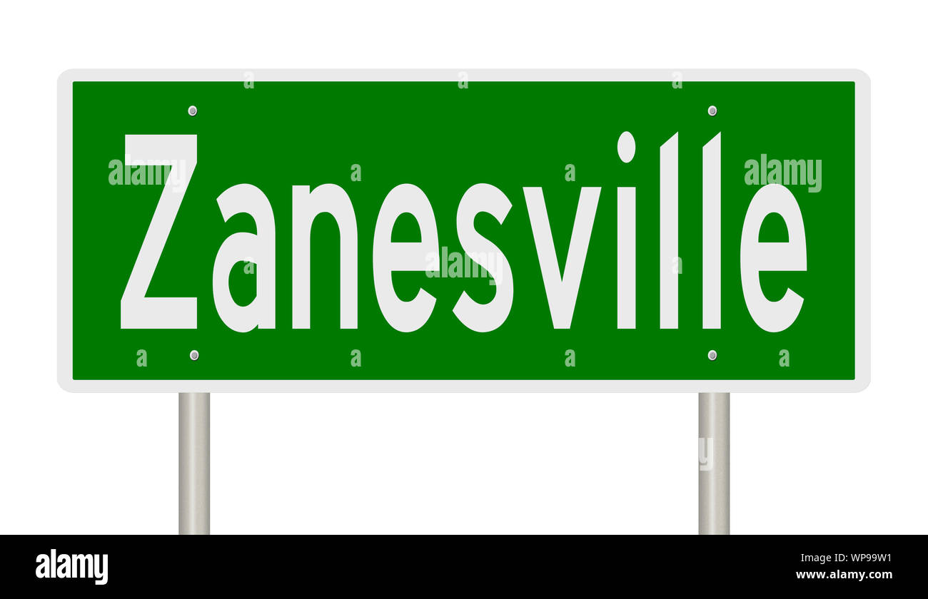 Rendering von einem grünen Hinweisschild für Zanesville Ohio Stockfoto