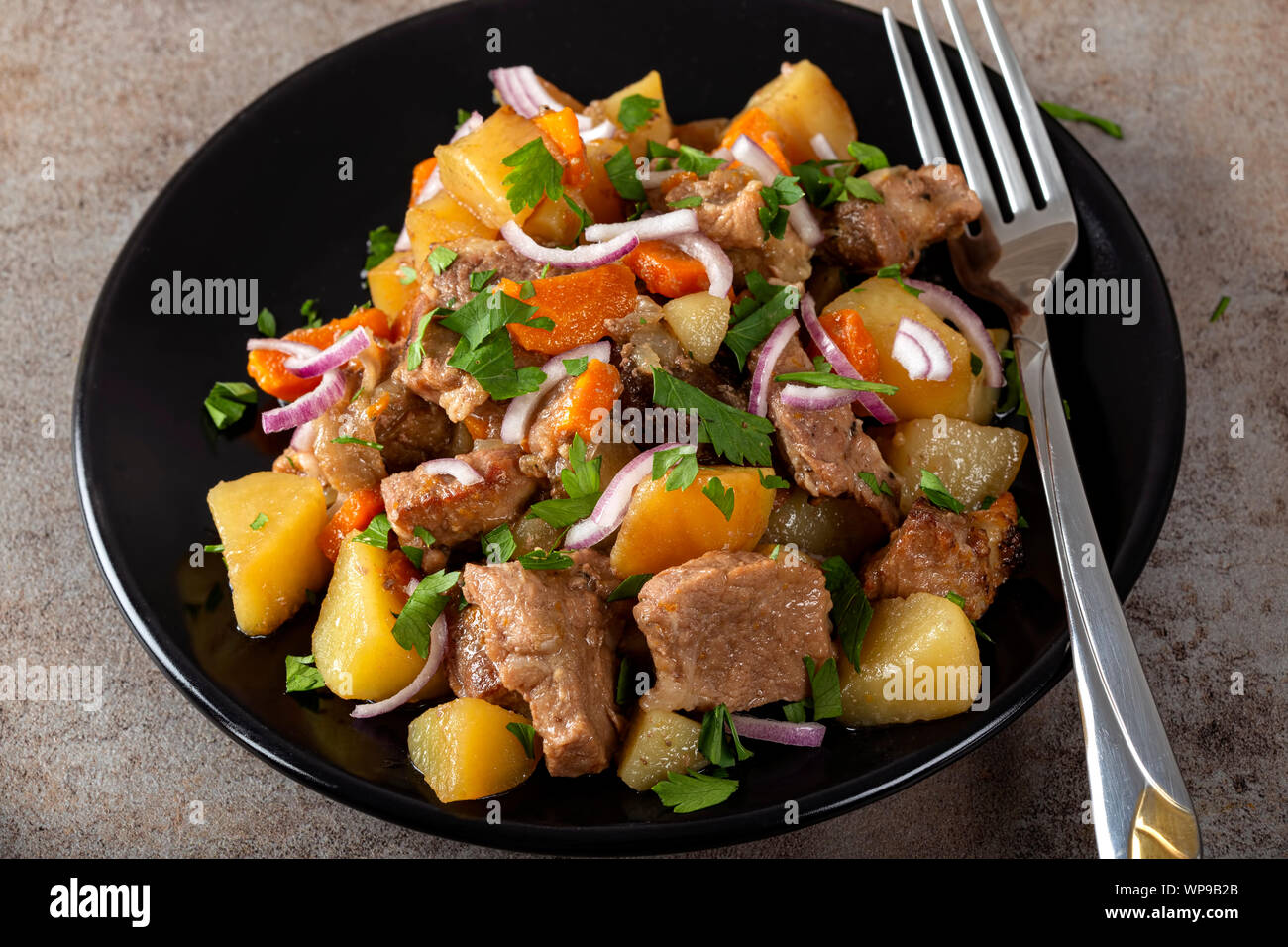 Eintopf aus Kartoffeln, Fleisch und Gemüse auf dem Teller Stockfoto