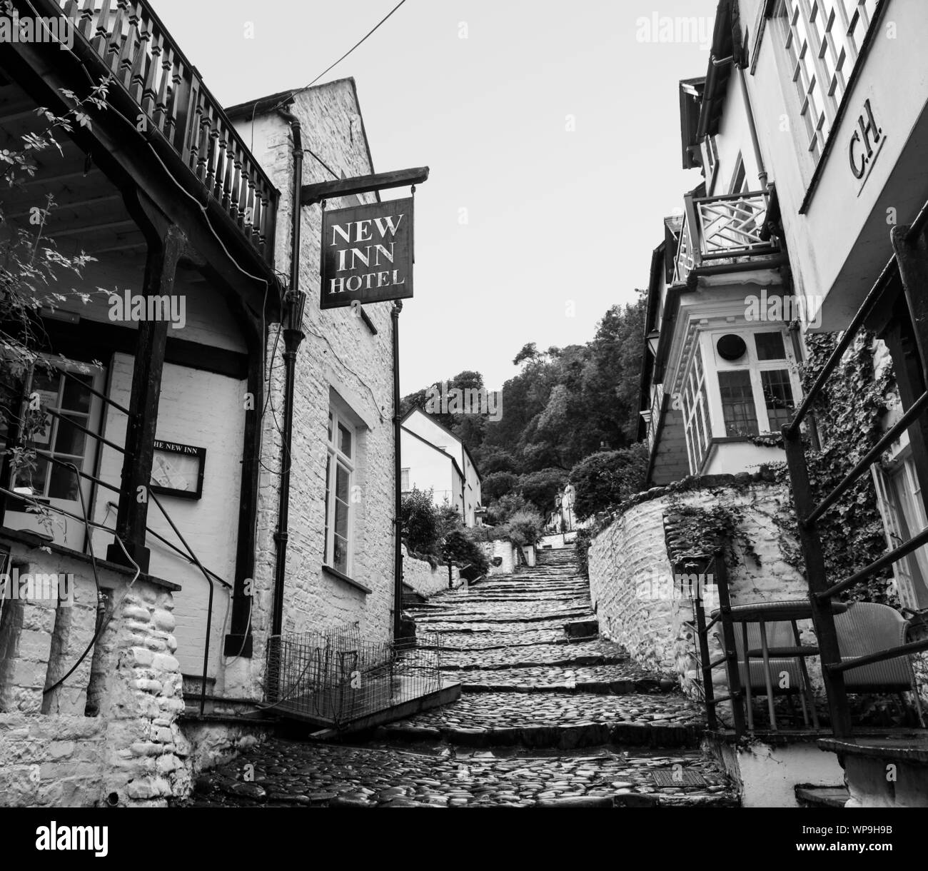 Nach dem Regen, das Kopfsteinpflaster der Schritte in Clovelly glänzen. Die Fußgängerzone befindet sich auf den Klippen in North Devon gehockt Stockfoto