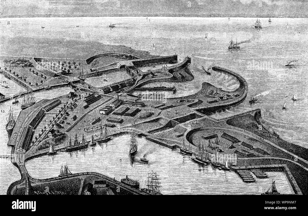 Sicht aus der Vogelperspektive Wilhelmshaven Hafen an der Nordsee gegründet im 19. Jahrhundert für militärische Strategie als Basis und Flotte dockyard Stockfoto