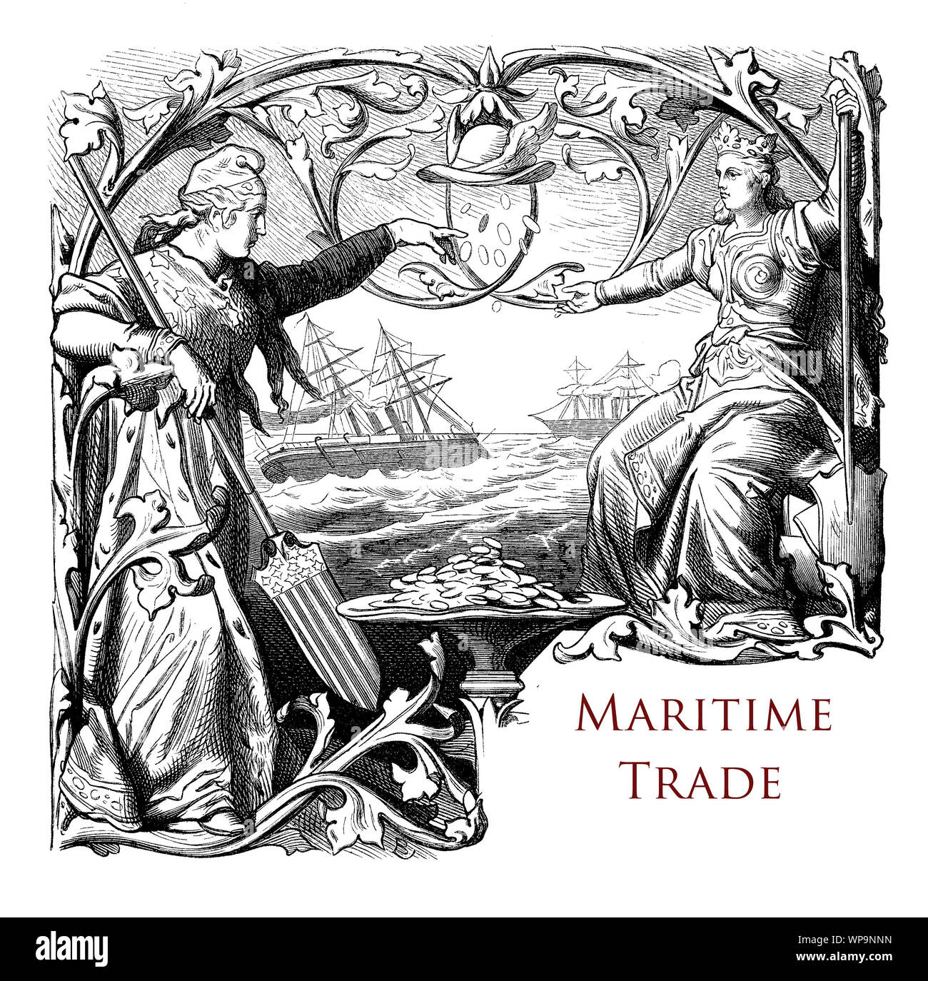 Typografie: Seeverkehrs Kapitel 19. Jahrhundert durch Schiffe, Geld, mythologische Figuren und Hermes dekoriert geflügelten Hut Stockfoto