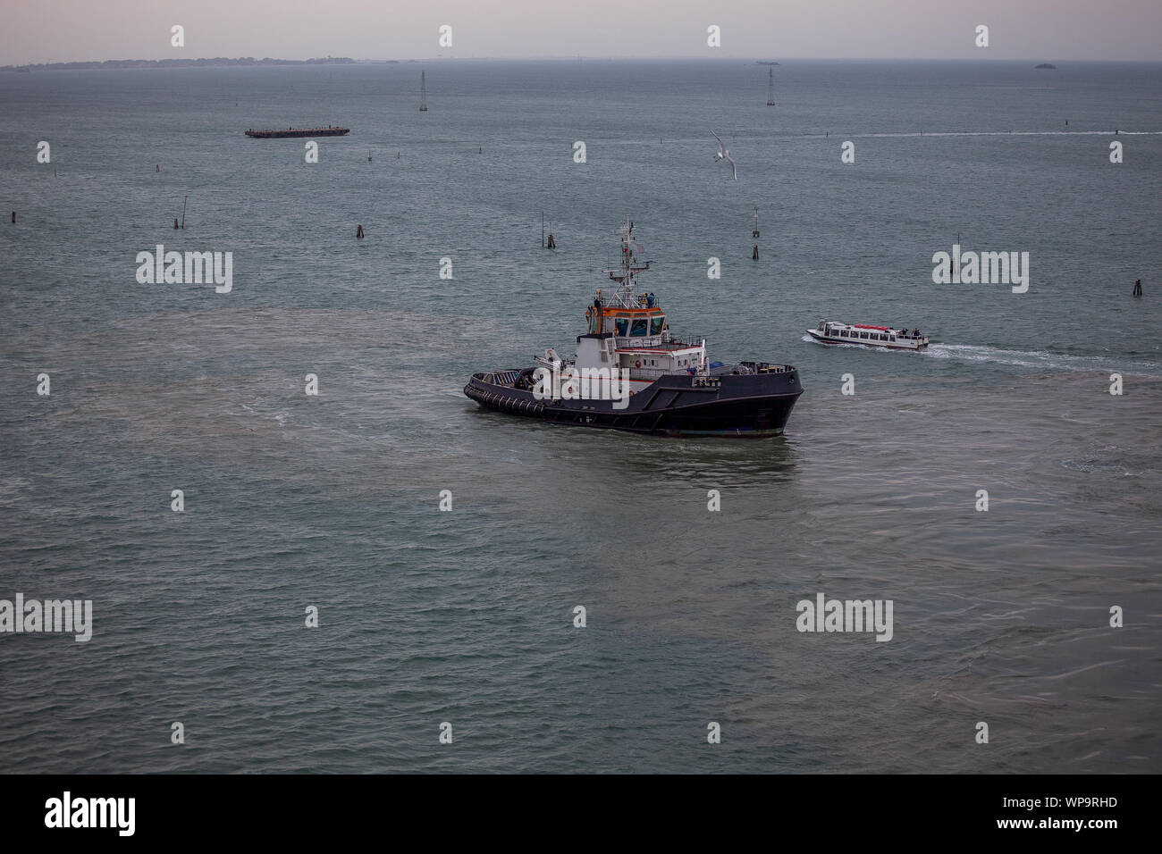 Tugboat engagiert in der Docking eines Schiffes im Hafen von Venedig, Iatly Stockfoto