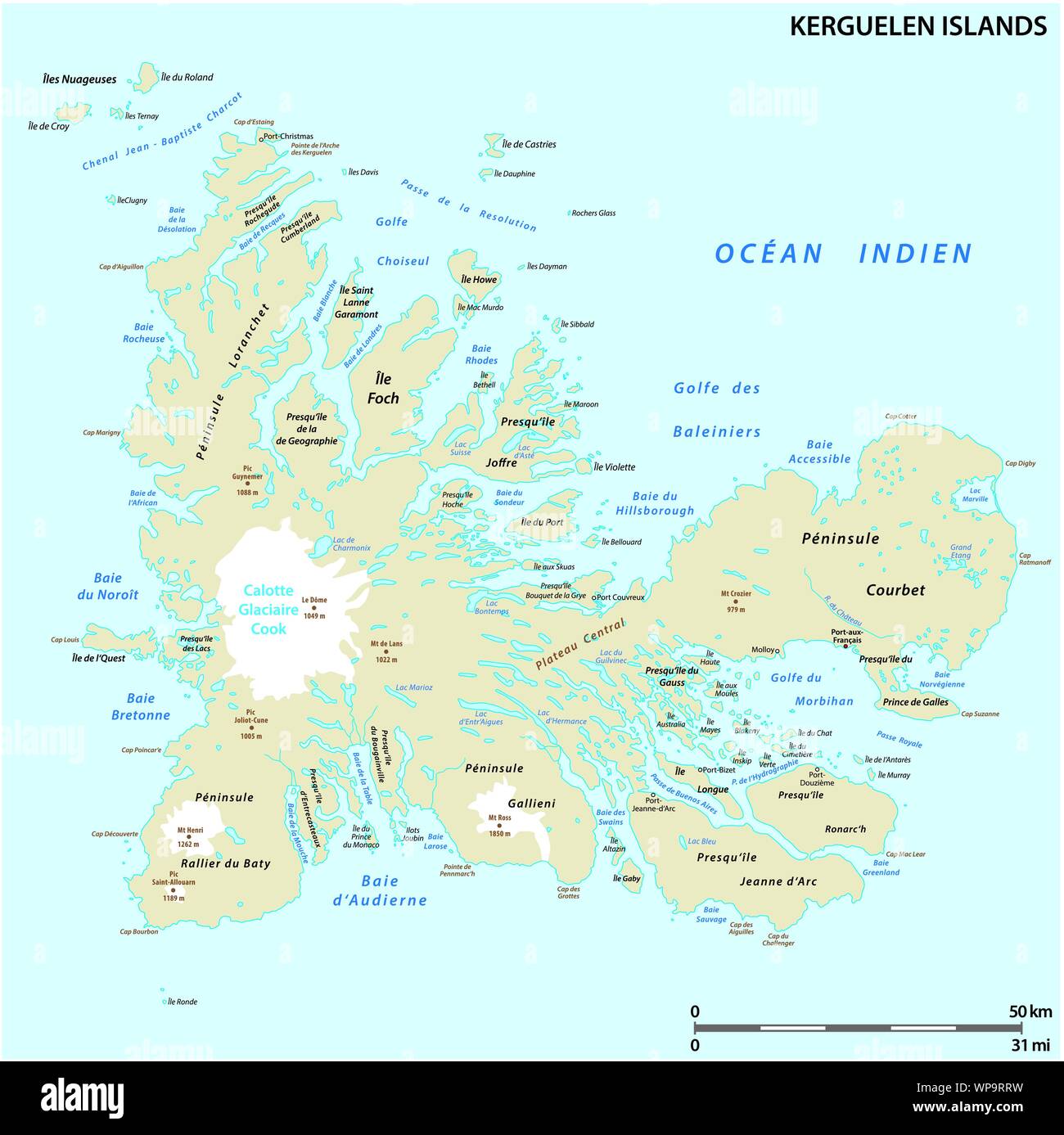 Karte der Französischen Inselgruppe der Kerguelen Stock Vektor