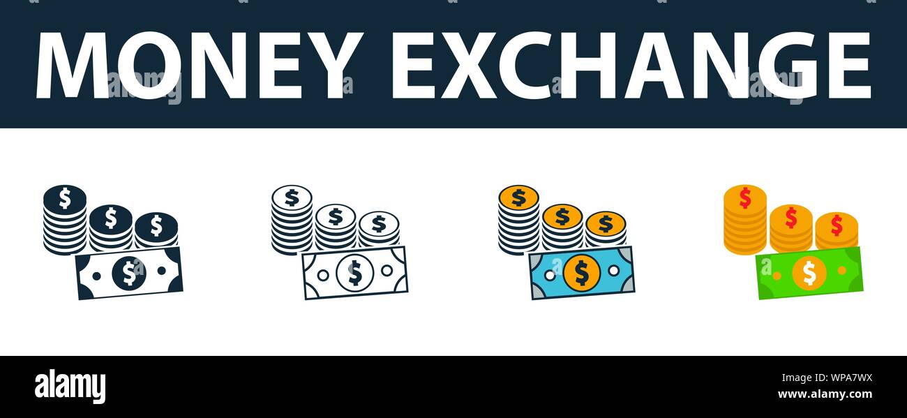 Geldwechsel Icon Set. Vier Elemente in verschiedenen Stilen aus Geld ...