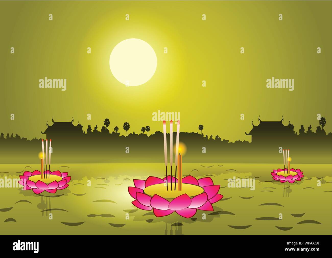 Loy Krathong, Thai berühmte Festival, Vector Illustration, Vollmond mit Tempel und Baum Hintergrund Stock Vektor