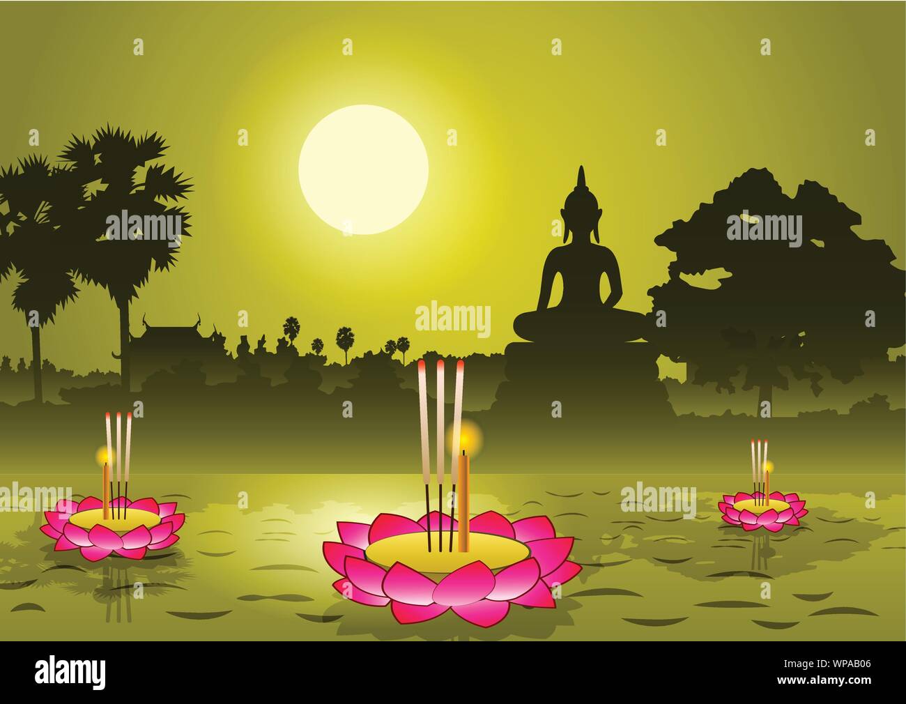 Loy Krathong Festival in Thailand, Silhouette Hintergrund, Vector Illustration Stock Vektor