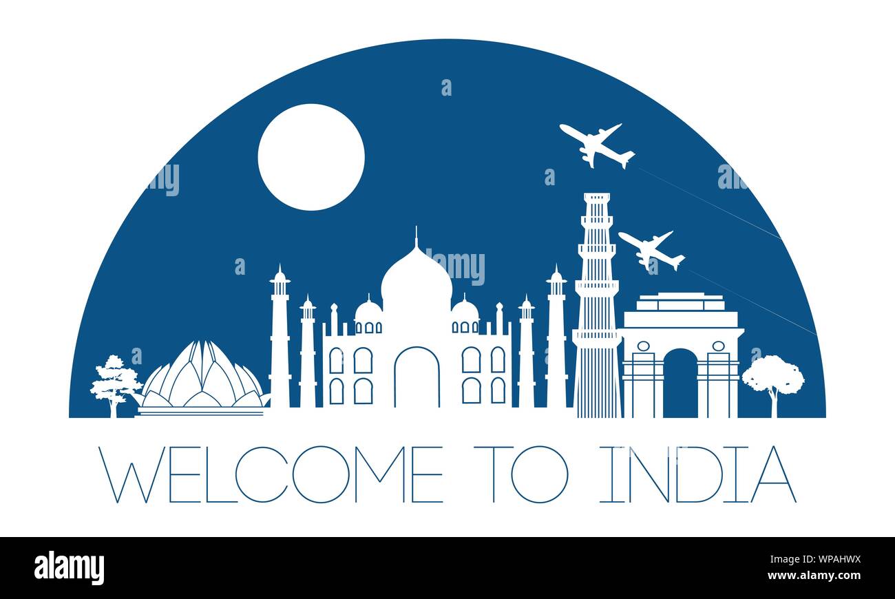Indien top Wahrzeichen Silhouette und Kuppel mit blauer Farbe Stil, willkommen in Taiwan, Reise und Tourismus, Vector Illustration Stock Vektor