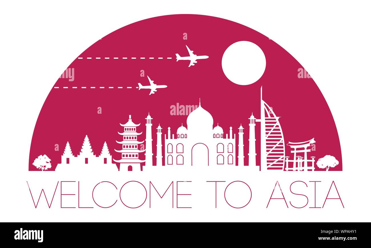 Asien top Wahrzeichen Silhouette und Kuppel mit rosa Farbe Stil, Reise und Tourismus, Vektor, Abbildung Stock Vektor