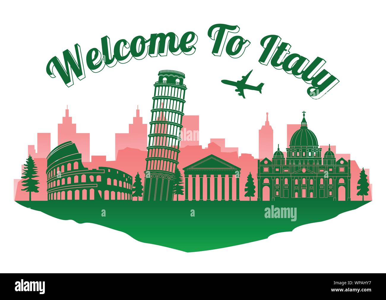 Italien top Wahrzeichen Silhouette Style auf der Insel, willkommen in Italien Text, Reise und Tourismus, Vector Illustration, Farbe der Flagge design Stock Vektor