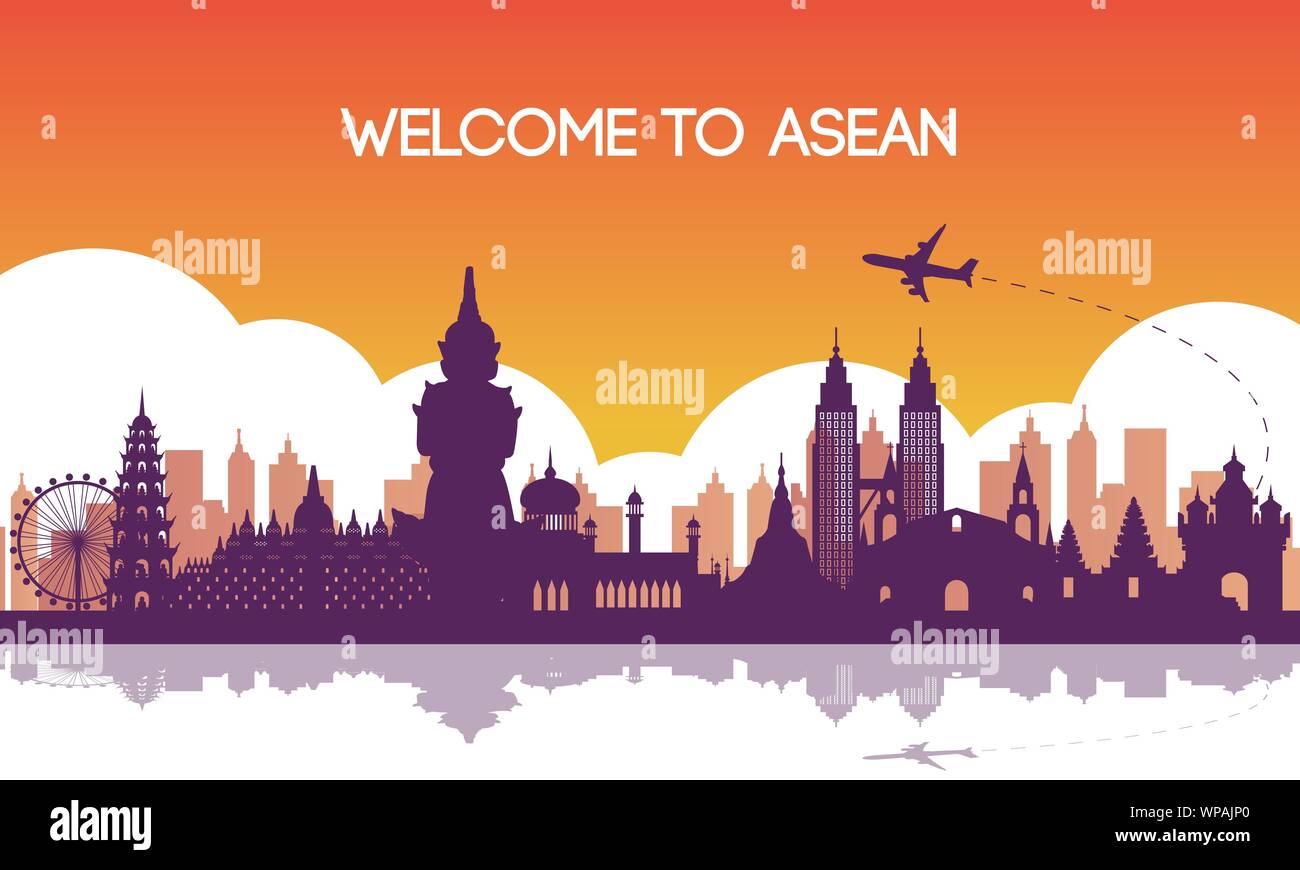 Wahrzeichen von Südostasien, Reiseziel, silhouette Design, Lila und Orange gradient Farbe, Vektor, Abbildung Stock Vektor