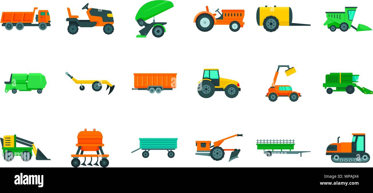 Landwirtschaftliche Maschinen Symbole gesetzt. Flachbild mit landwirtschaftlichen Maschinen Vector Icons für Web Design Stock Vektor