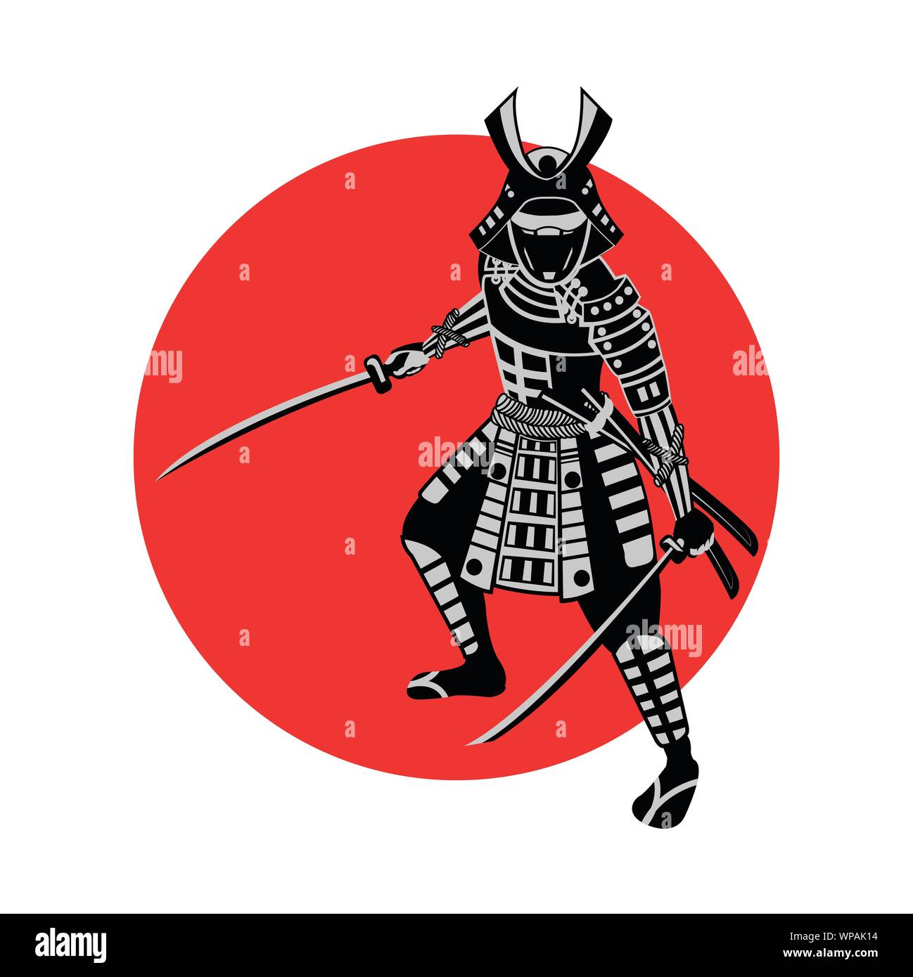 Samurai Schwert halten vor roten Kreis, Krieger von Japan, monochrome realistischen Design, Vektor, Abbildung Stock Vektor