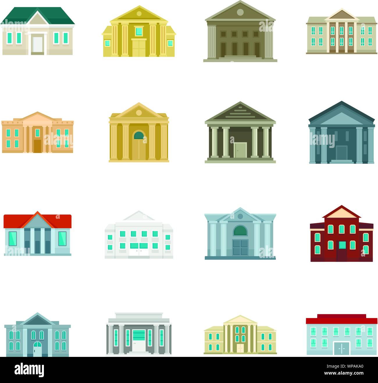 Gerichtsgebäude Symbole gesetzt. Flache Satz Gericht Vector Icons für Web Design Stock Vektor
