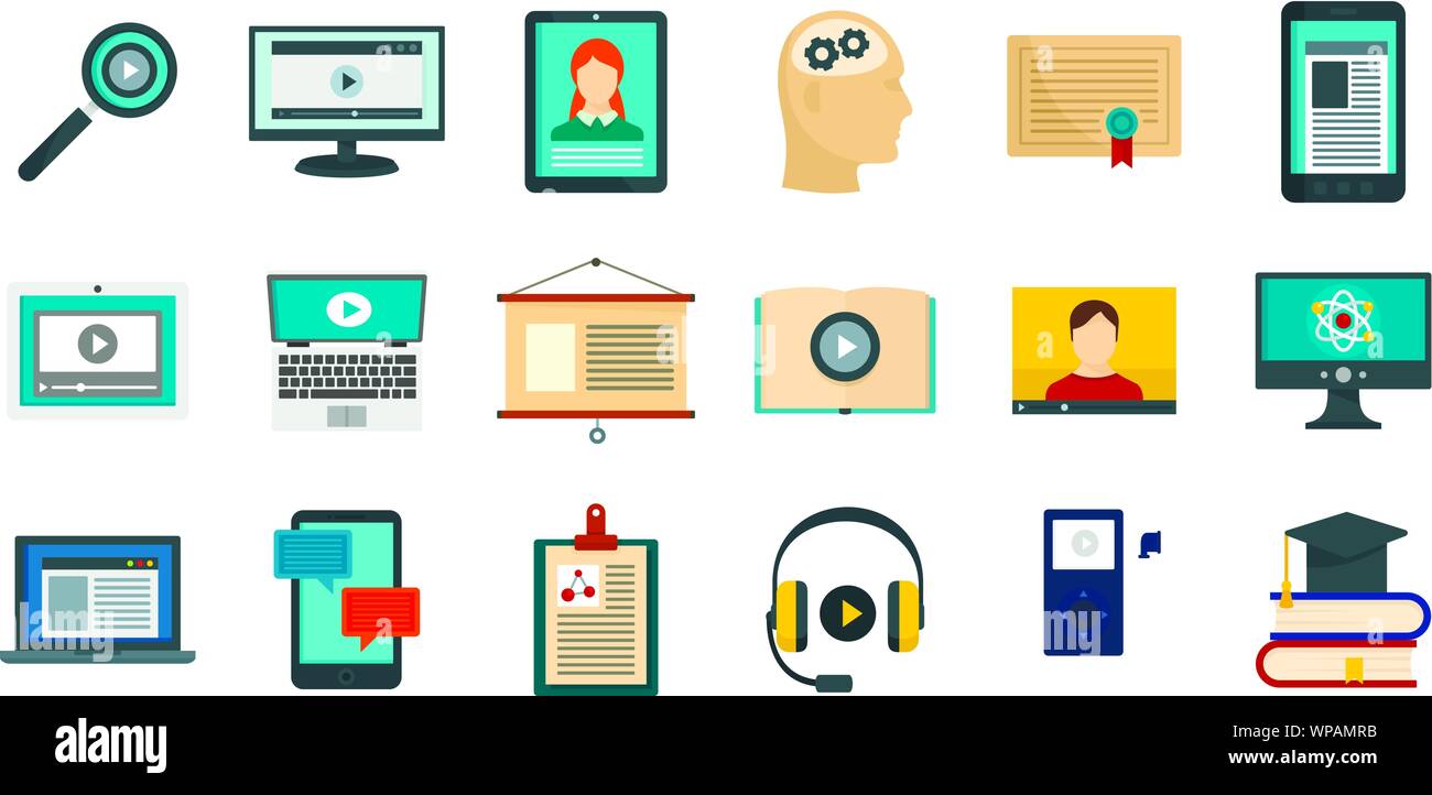Interaktives Lernen Symbole gesetzt. Flache Satz von Interactive Learning Vector Icons für Web Design Stock Vektor