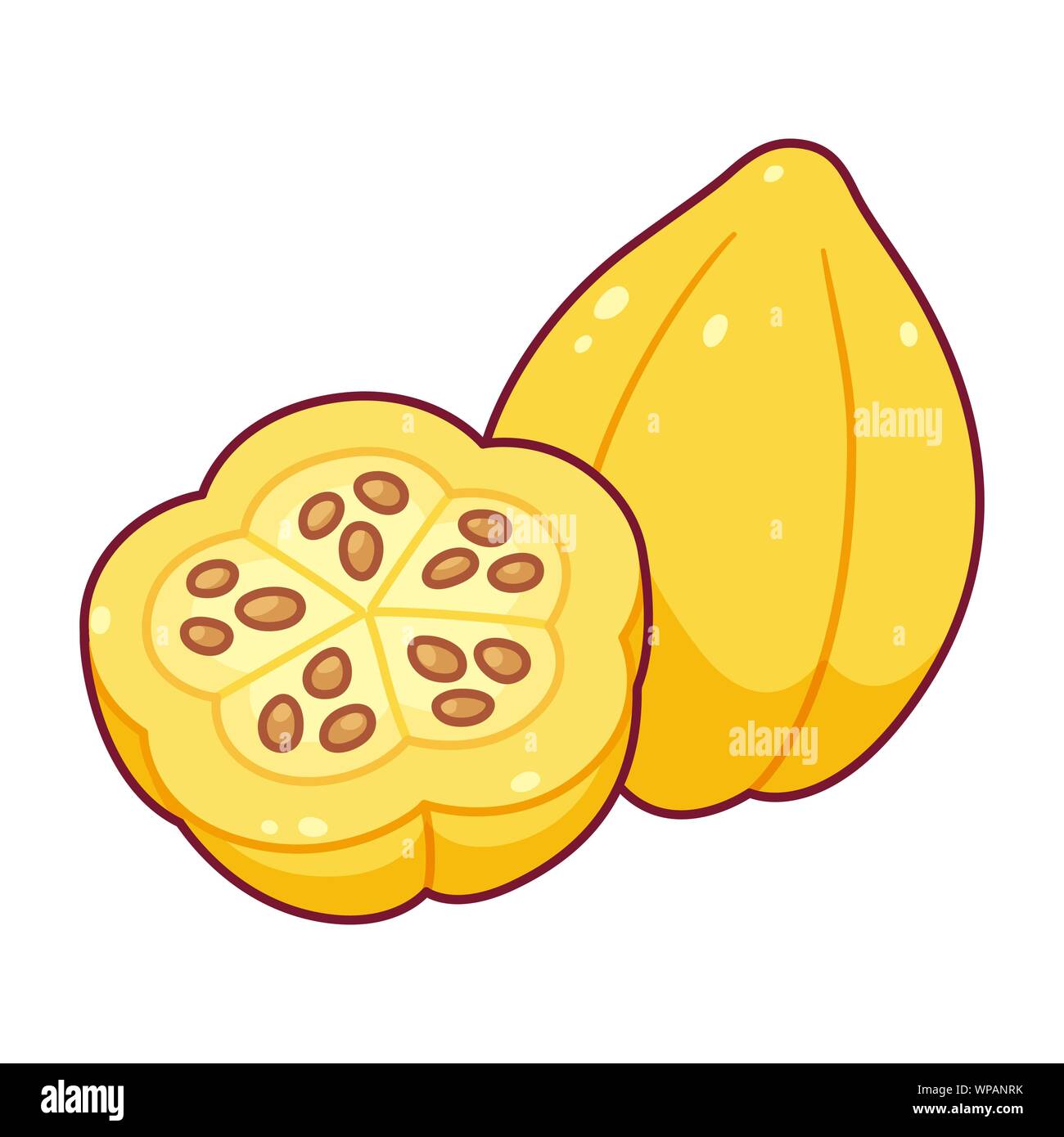 Berg papaya, gelb Südamerikanischen papaya Zeichnung in cute Cartoon Stil. Querschnitt schneiden. Helle Vector Illustration von exotischen tropischen fr Stock Vektor