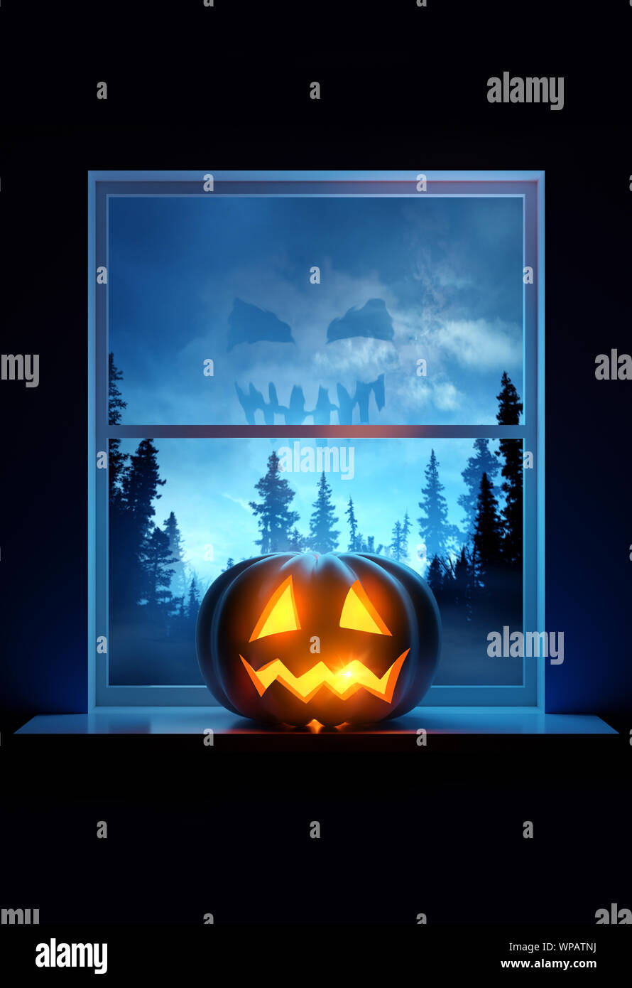 Ein home Fensterbank mit einem leuchtenden Jack O Lantern Kürbis an Halloween Eve. 3D-Darstellung. Stockfoto