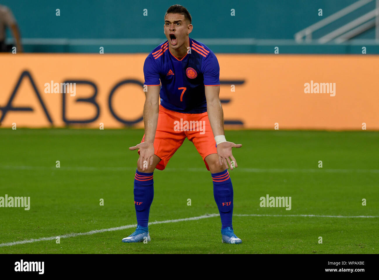 6. September 2019; Hard Rock Stadium, Miami, Florida, Vereinigte Staaten von Amerika; Internationale Freundlich, Brasilien gegen Kolumbien; Rafael Santos Borre von Kolumbien - redaktionelle Verwendung. Stockfoto