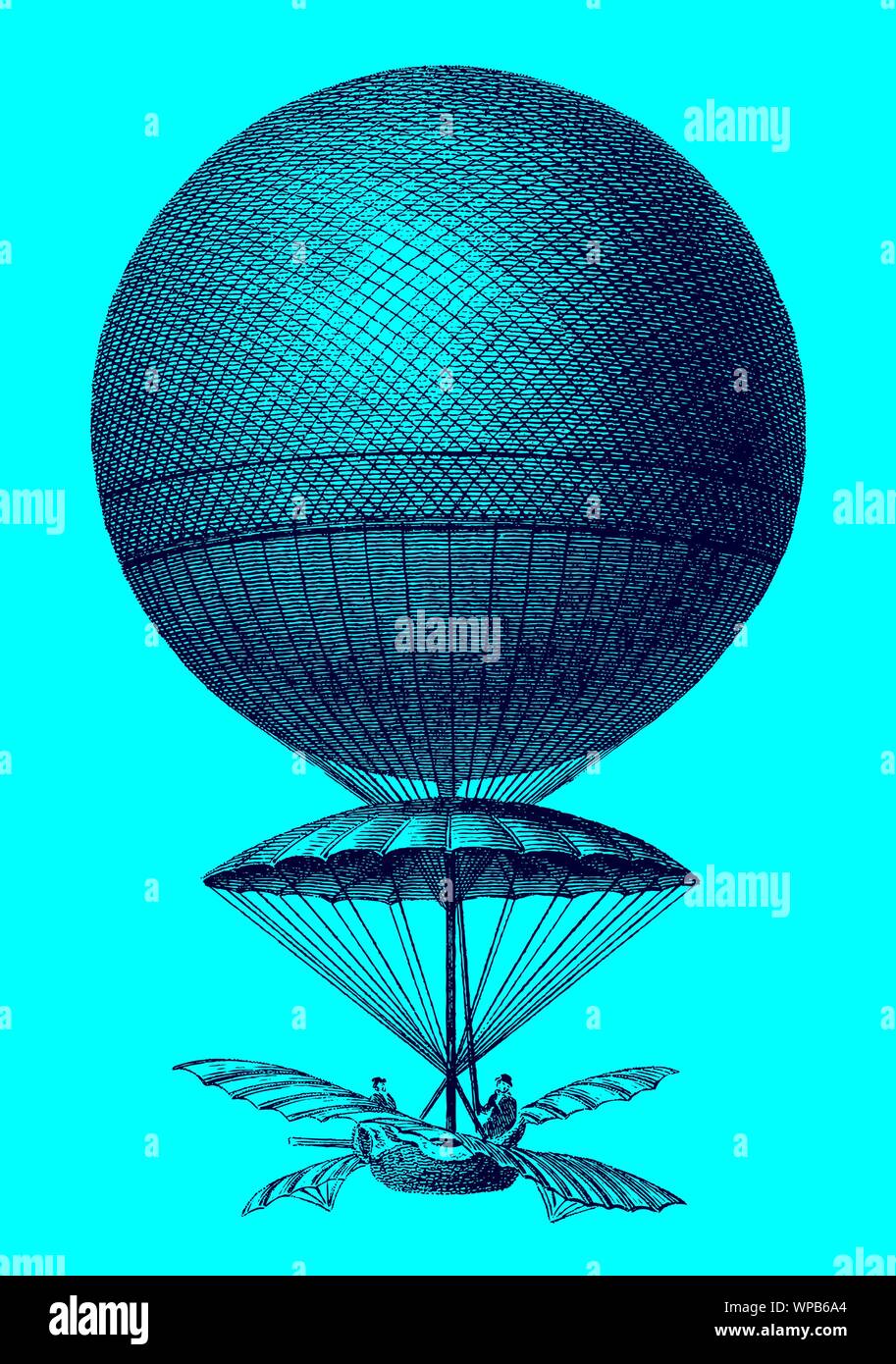 Historische Ballon von Jean-Pierre Blanchard von 1785 absteigend vor einem blauen Hintergrund. Abbildung: Nach einem Stich aus dem frühen 19 Cent Stock Vektor