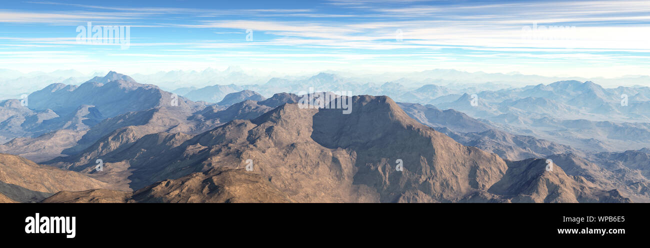 Panorama einen spektakulären Blick auf die Berge. Misty Erwachen der schönen Fee Tal. Gipfel der Felsen geschnitten cremige Nebel Wolken. Stockfoto
