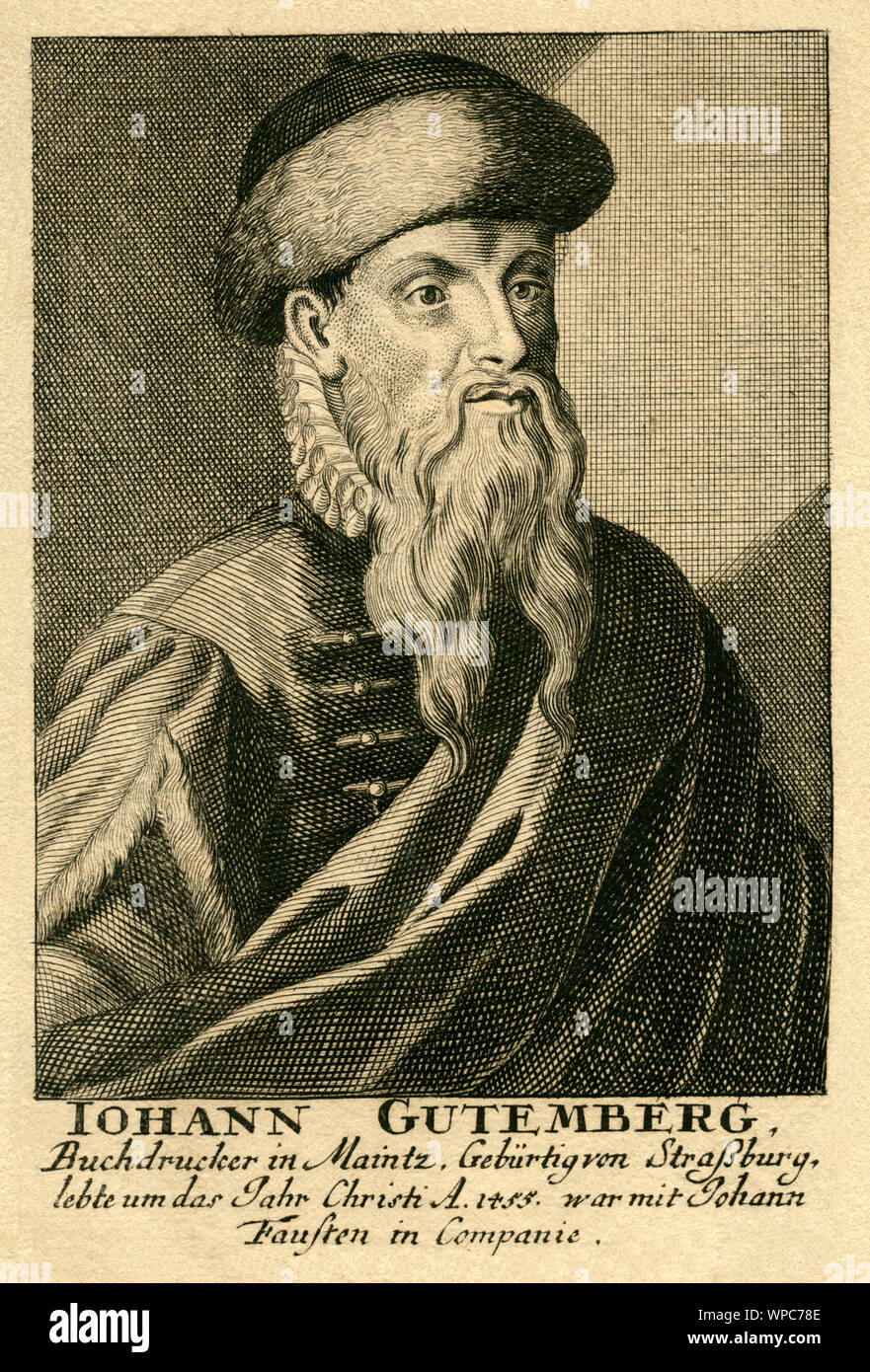 Europa, Deutschland, Rheinland-Pfalz, Mainz, Johannes Gutenberg in Mainz, Buchdrucker, Kupferstich, um 1725/Europa, Deutschland, Rheinland-Pfalz, Mainz, Johannes Gutenberg in Mainz, buchen Sie Drucker, Kupferstich, um 1725 Stockfoto