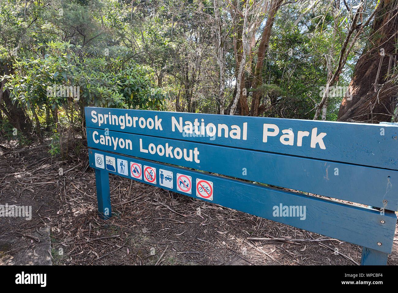 Name Zeichen für die Canyon Lookout an Springbrook National Park, World Heritage Area, das Hinterland der Gold Coast, Queensland, Queensland, Australien Stockfoto