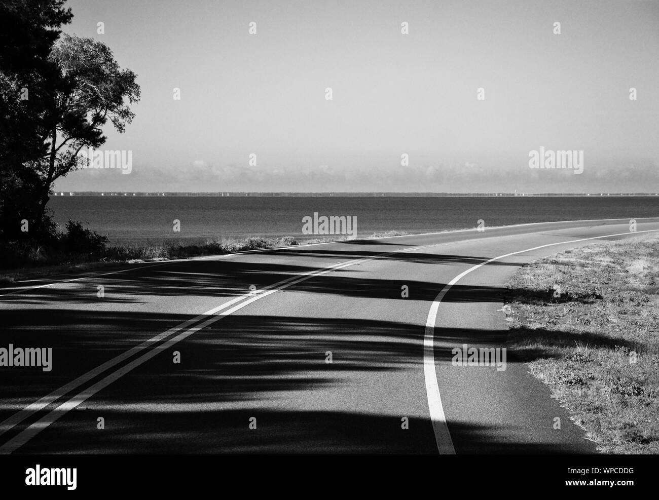 Eine wunderschöne Küste fahren Sie auf der Big Bend Scenic Byway Coastal Trail, US Highway 98 im Nordwesten Fl, in der Nähe von Titusville, FL, USA, in Schwarz und Weiß Stockfoto