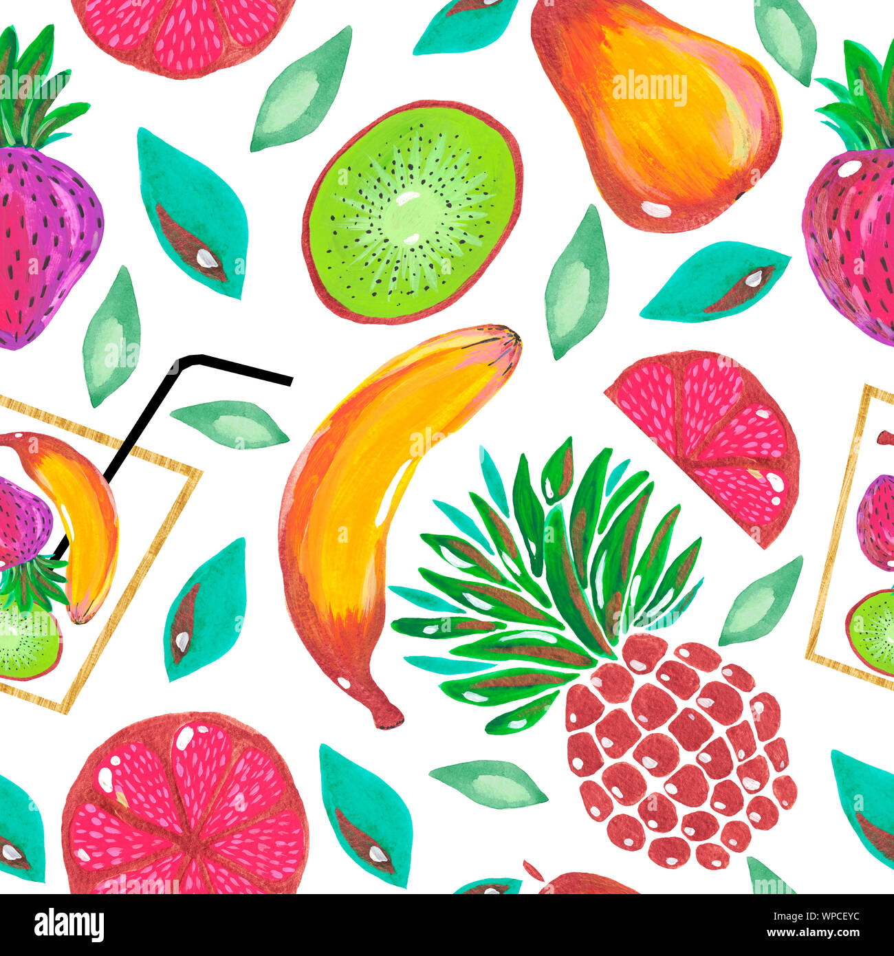 Nahtlose Muster. Abbildung: handgemalt Acryl- und Gouachefarben. Exotische Früchte Ananas Banane kiwi Grapefruit tropische Blätter auf weißem Hintergrund. Stockfoto