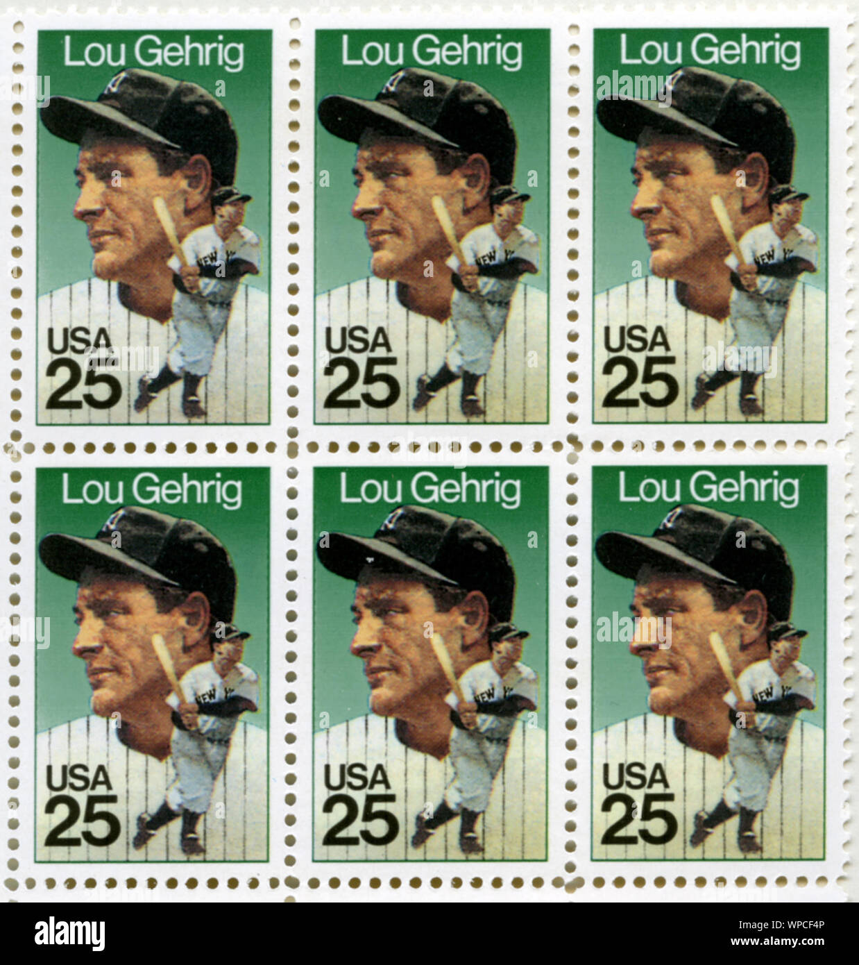US Briefmarke ehrt Baseball großer Lou Gehrig mit den New York Yankees. Stockfoto