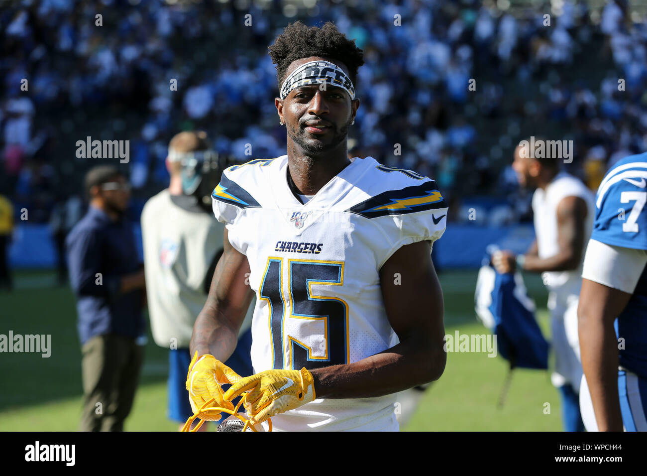 Carson, CA. 8. Sep 2019. Los Angeles Ladegeräte wide receiver Dontrelle Inman #15 Während der NFL Indianapolis Colts vs Los Angeles Ladegeräte an der Würde des Menschen Gesundheit Sport Park in Carson, Ca am 8. September 2019 (Foto von Jevone Moore) Credit: Csm/Alamy leben Nachrichten Stockfoto