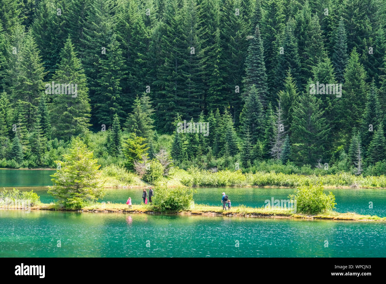 Erwachsene und Kinder Wanderer durch ein klares Wasser See im Wald Stockfoto