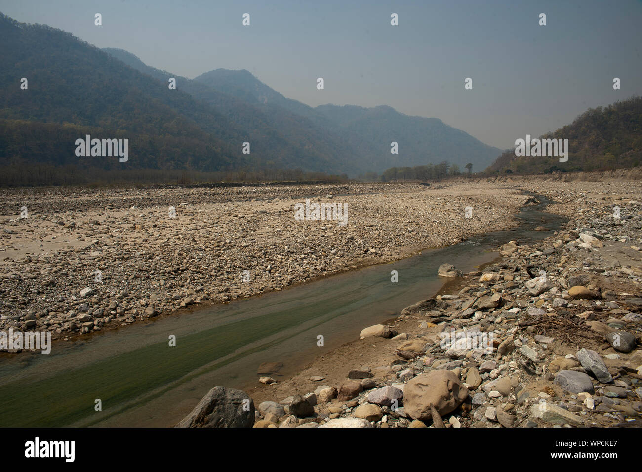 Steinigen Bett des Ladhya River. Der Fluss war berühmt durch Jim Corbett in seinem Buch Menschenfresser von Kumaon, Uttarakhand, Indien Stockfoto