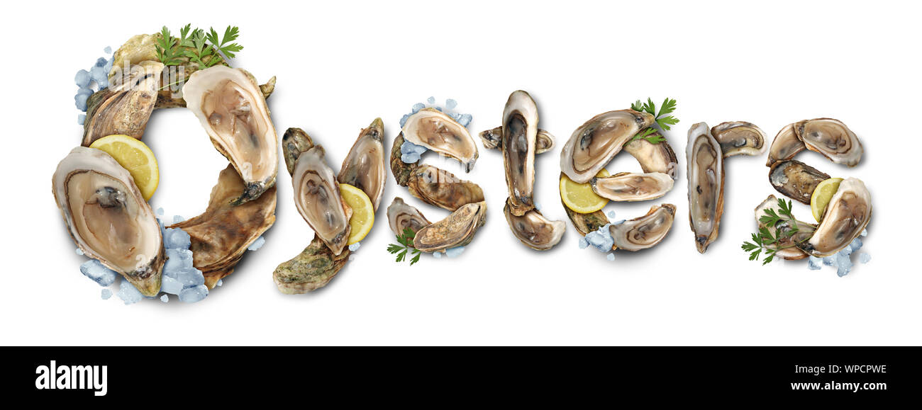 Austern und Meeresfrüchte Delikatesse text Symbol als frische rohe Schalentiere Symbol mit Zitronen und Eis auf einem weißen Hintergrund. Stockfoto
