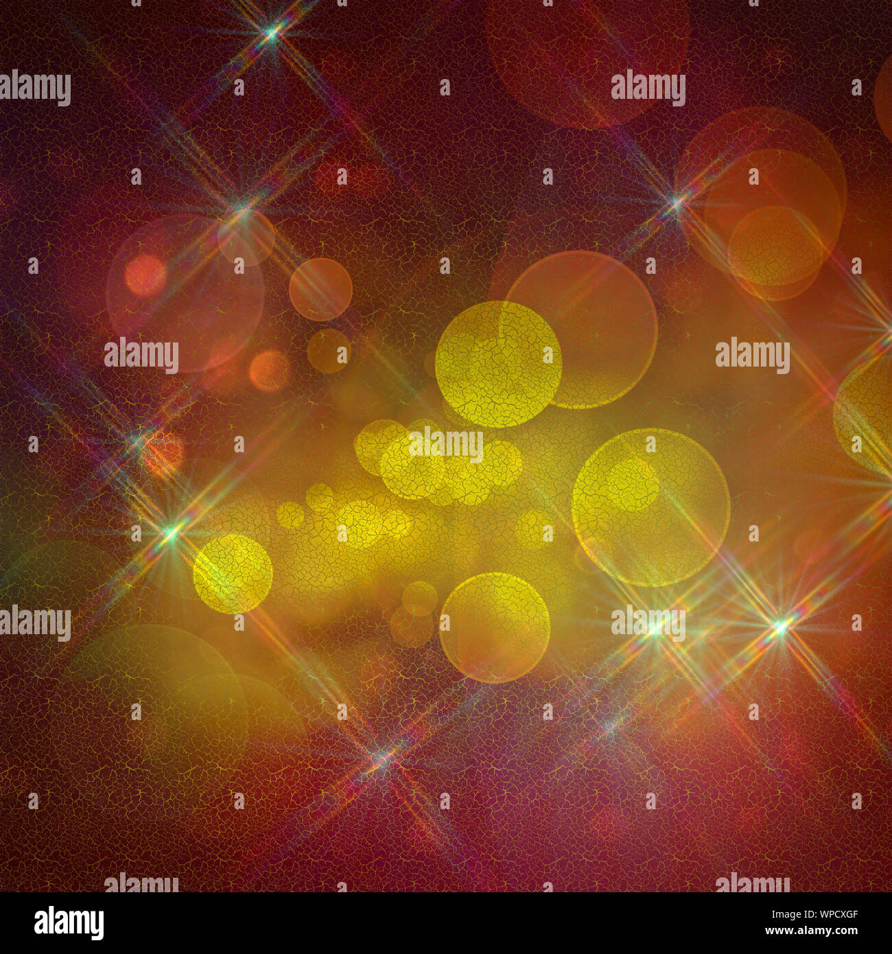 Gelber runder Bokeh Leuchten mit kleinen Ader wie Staubpartikel im Hintergrund. Stock Bild. Stockfoto