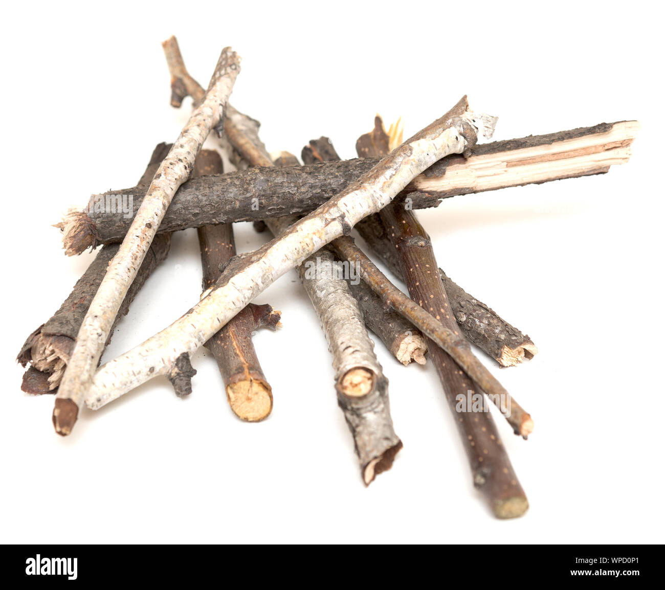 Stapel der Stöcke auf weißem Hintergrund Stockfoto