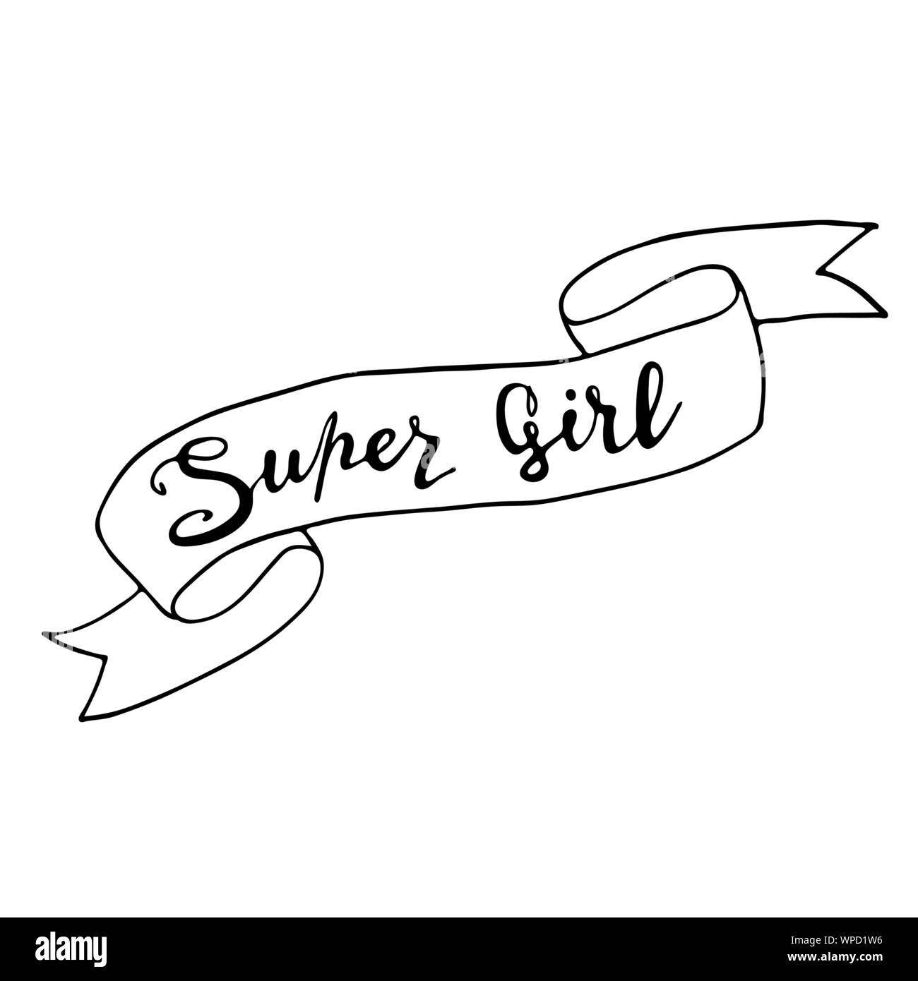 Super Girl. Girly feministischen Slogan mit handgezeichneten Schriftzug. Girl Power Typografie. Weibliche motivation Symbol in Cartoon Comic Stil. Drucken für Poster, t-shirt, Postkarte oder Bekleidung Design. Stock Vektor