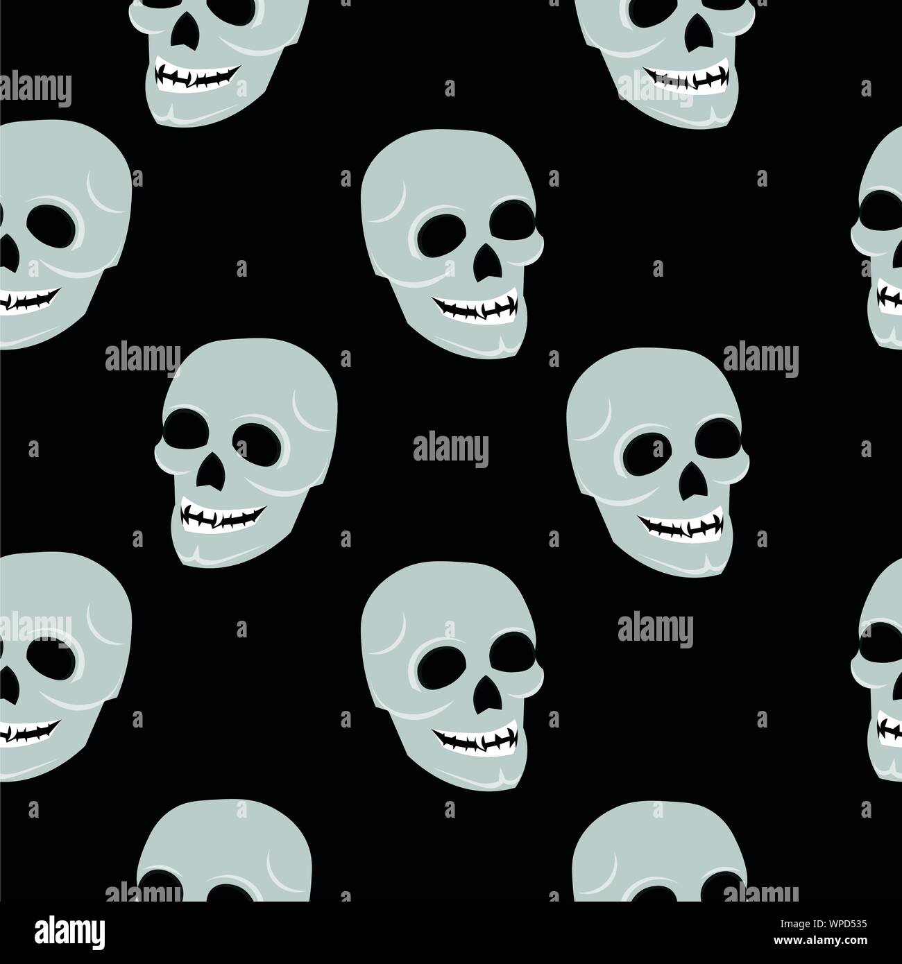 Halloween Muster. Totenköpfe auf schwarzem Hintergrund. Design für Karten, Einladungen, Geschenk, Wraps, Poster Stock Vektor